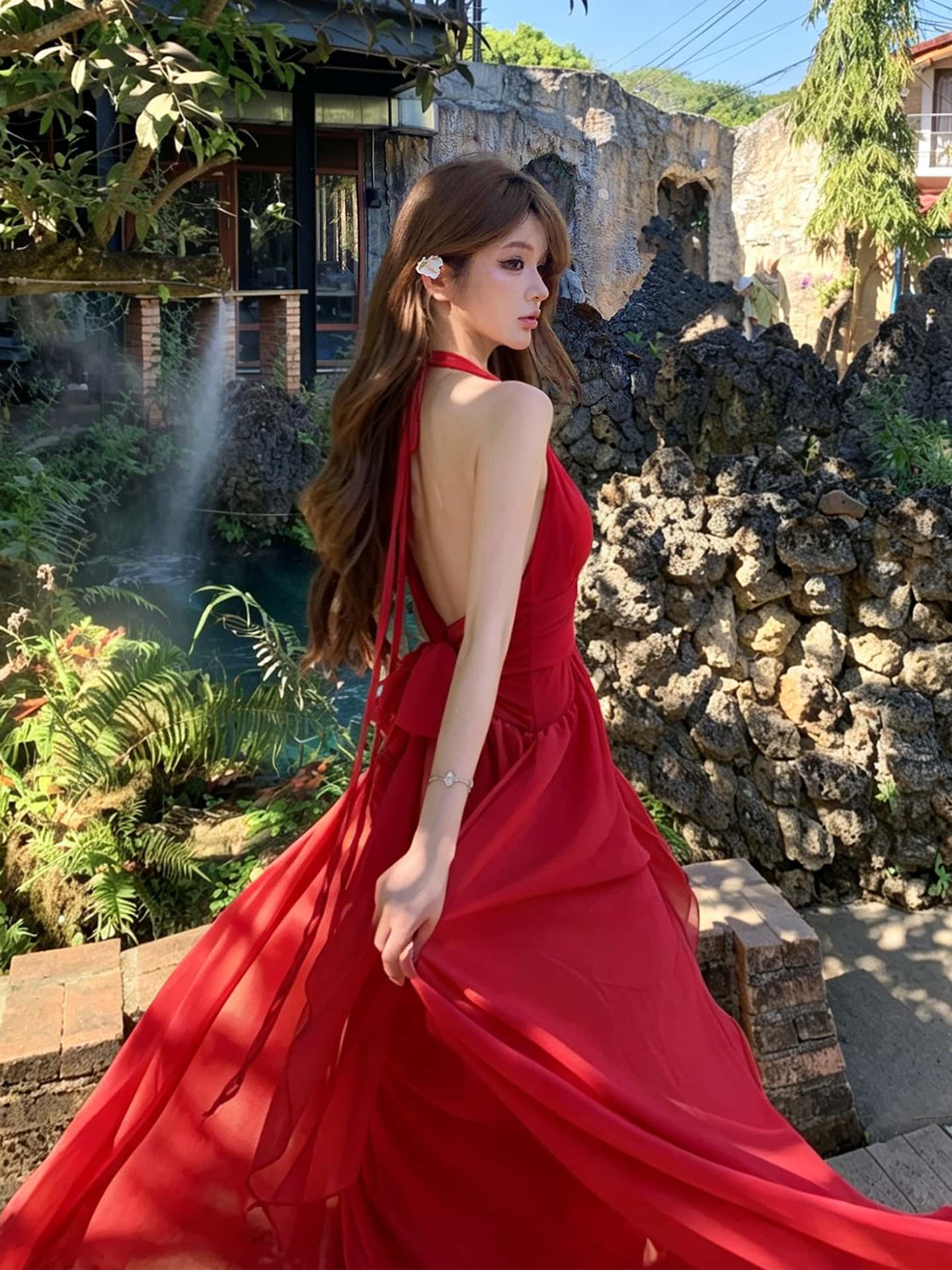 Red Halter Flower Draped A-Line Maxi Dress