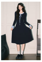 Navy Ribbon V Neck Bell Sleeve A-Line Dress