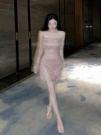 Pink Glitter Spaghetti Strap Mini Dress