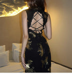 Midnight Gold Floral Mandarin Collar Qipao Maxi Dress