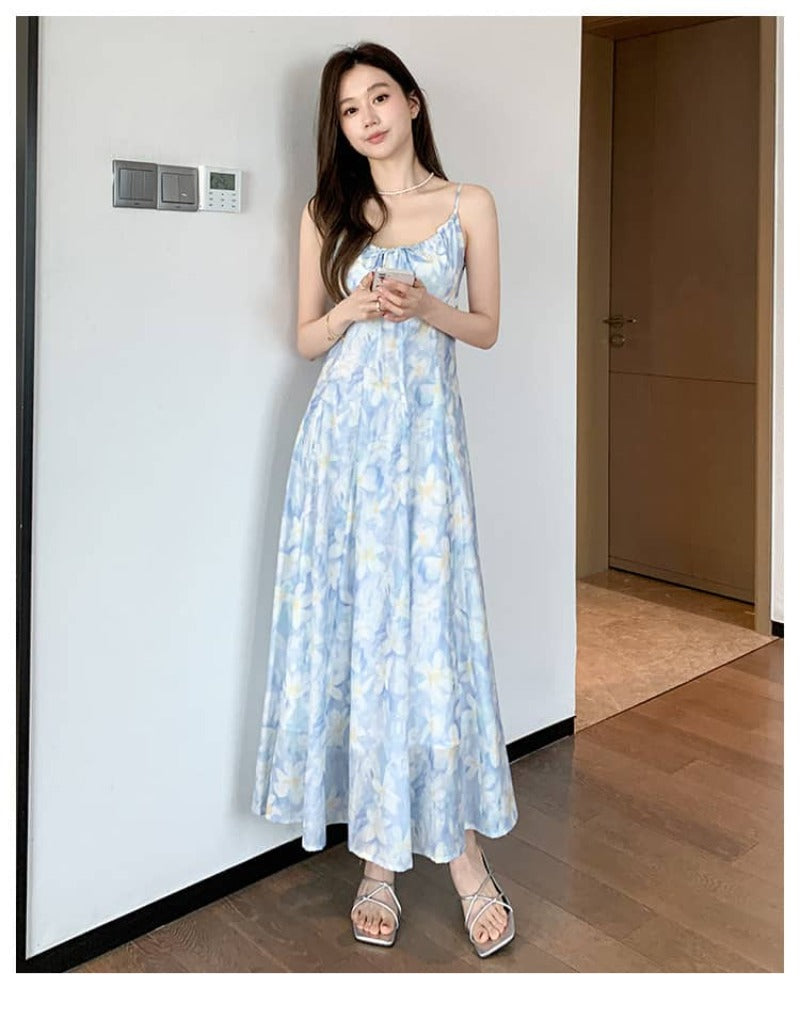 French Style Printed Tie Front Cami A-Line Maxi Dress