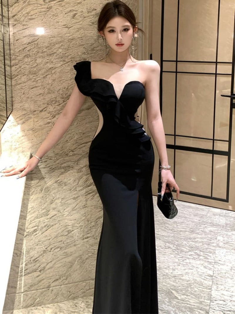 Black One Shoulder Ruffle Slit Bodycon Maxi Dress