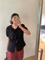 Apricot/Black Tie Front V Neck Puff Sleeve Blouse Top