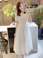 White Eyelet Lace Short Sleeve A-Line Midi Dress