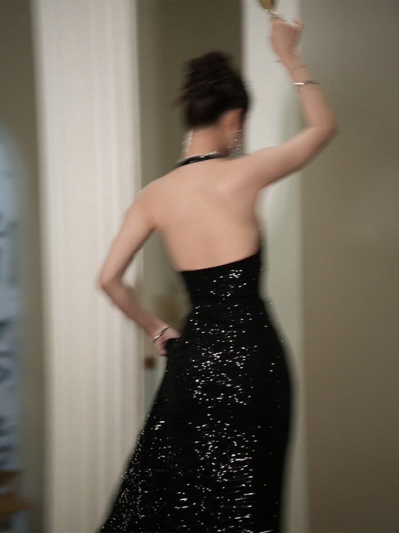 Black Sequin Halter Cutout Maxi Dress