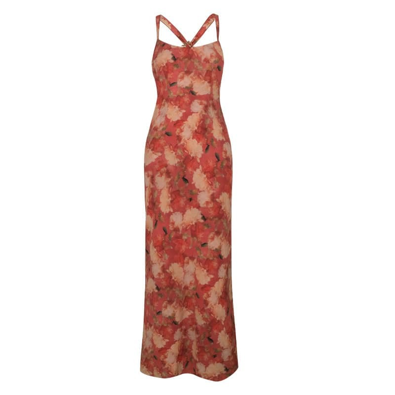 Red Floral Halter Open Back Vacation Dress