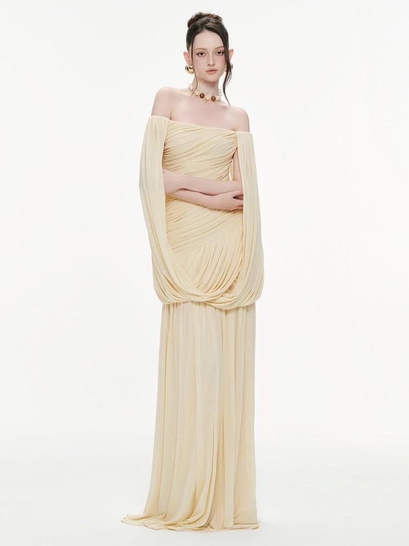 Sculpted Drape Off Shoulder Cape Maxi Dress