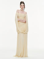 Sculpted Drape Off Shoulder Cape Maxi Dress