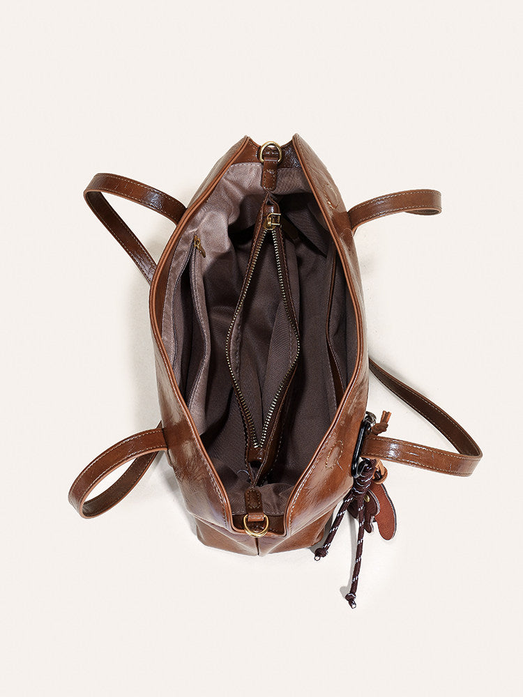Retro Glossy Leather Shoulder Bag with Charm