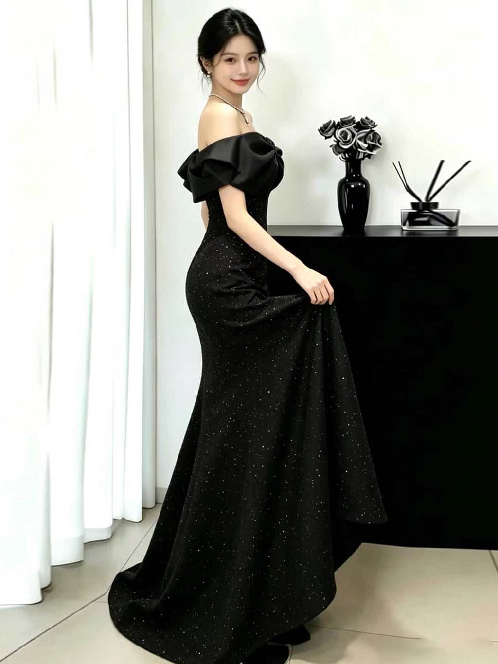 Off-Shoulder Bow Sequin Mermaid Evening Dress