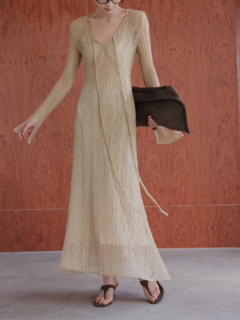 Desert Veil Khaki Mesh Tie Front V Neck Maxi Dress