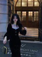 Black Velvet Lace Square Neck Mermaid Midi Dress