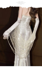 Ivory Sequin Mermaid Maxi Dress With Gloves