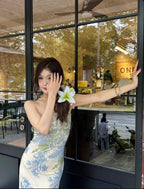 Pastel Botanical Strapless Asymmetric Maxi Dress