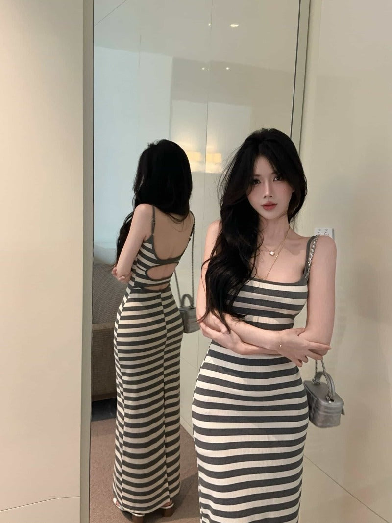 Sultry Striped Cutout Open Back Bodycon Maxi Dress