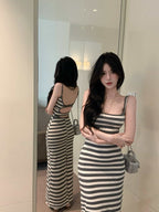 Sultry Striped Cutout Open Back Bodycon Maxi Dress