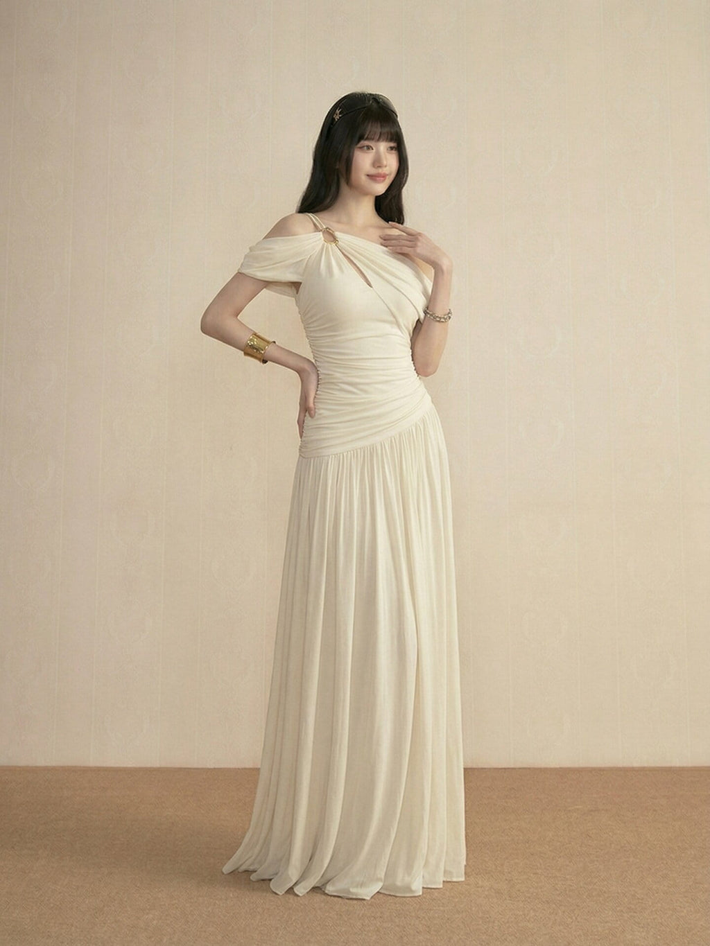 Ivory Asymmetric Draped Off Shoulder Maxi Dress