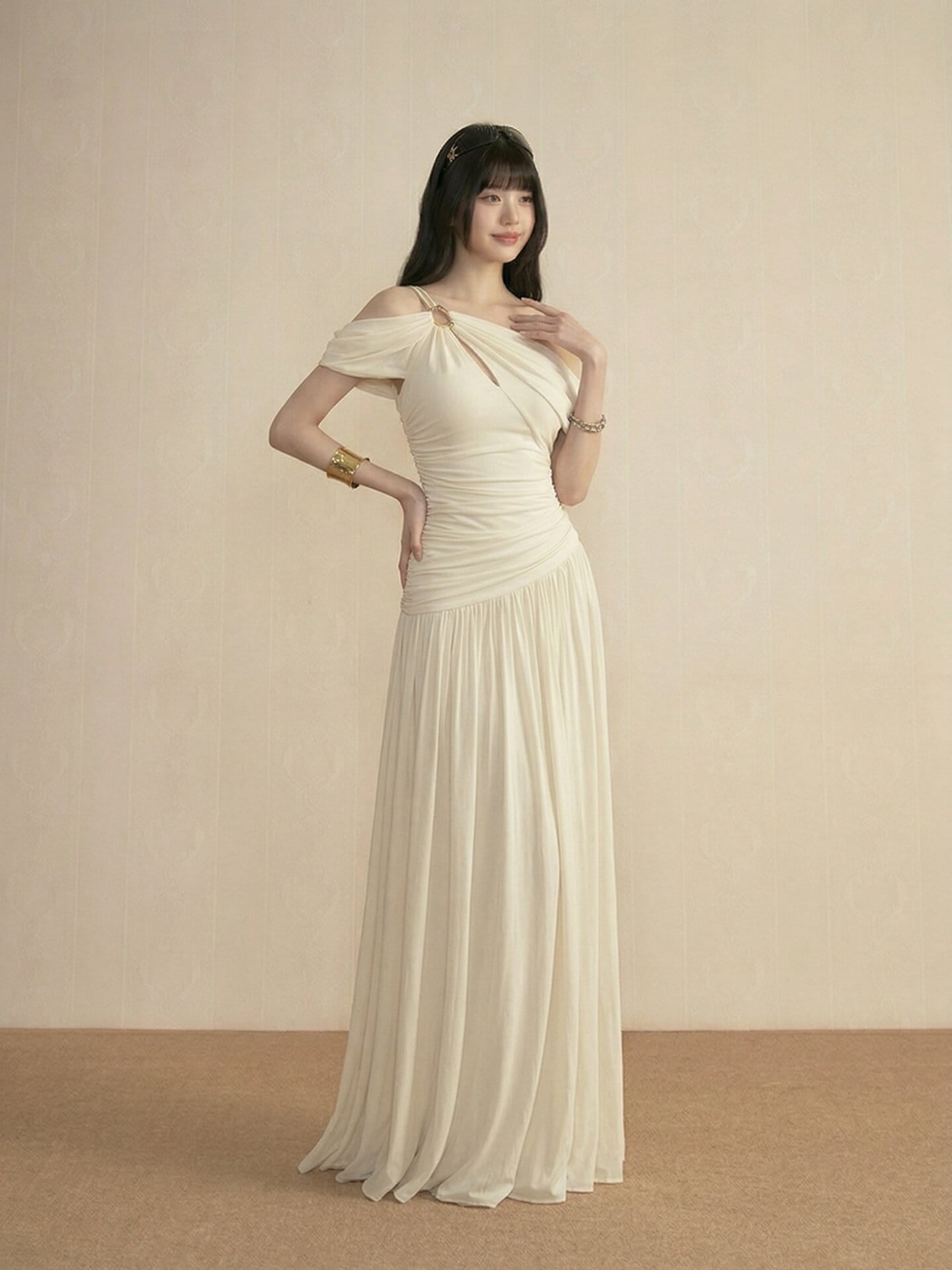 Ivory Asymmetric Draped Off Shoulder Maxi Dress