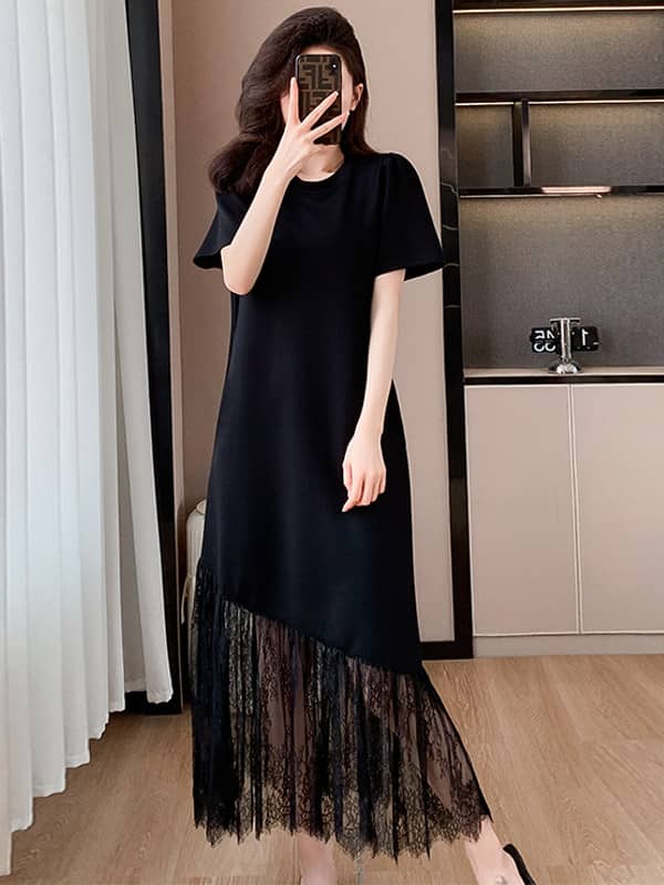 Black Round Neck Short Sleeve Lace Maxi Dress
