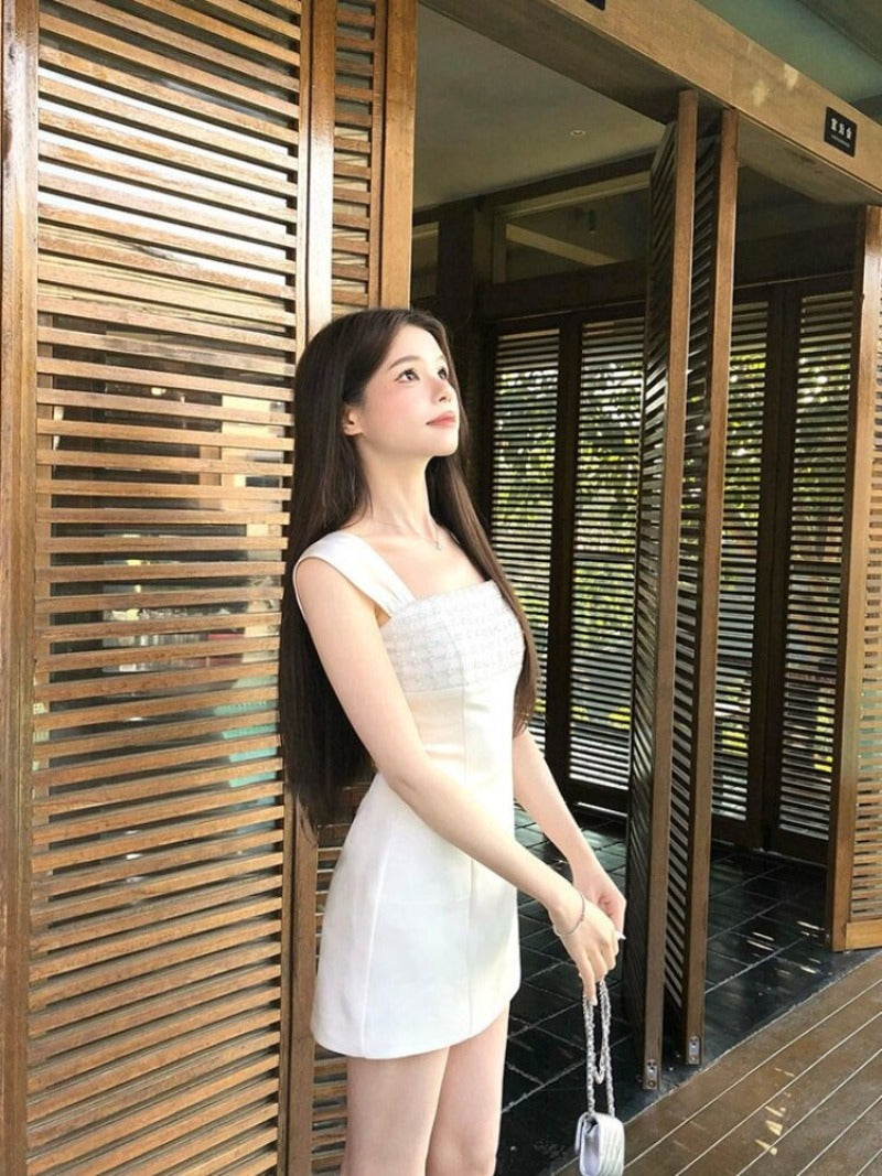 Ivory Pearl Beaded Square Neck A-Line Mini Dress