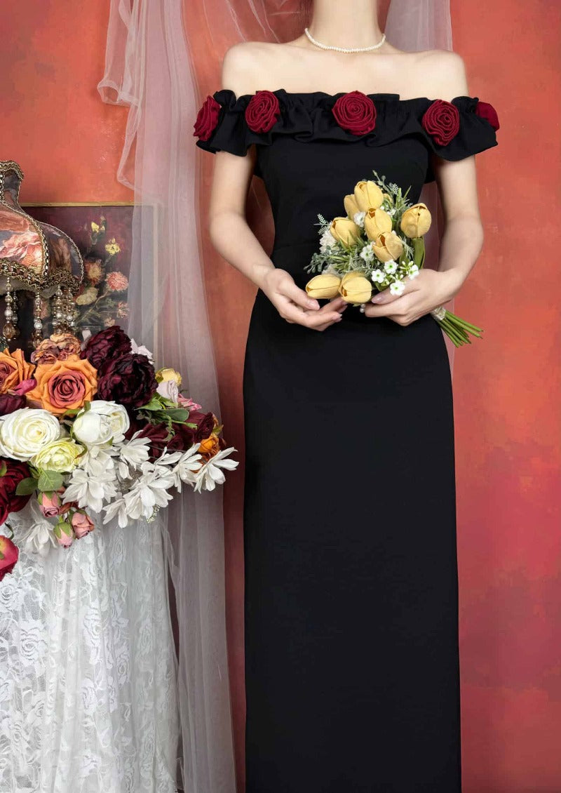 Off Shoulder Rose Appliqué Slit Maxi Dress