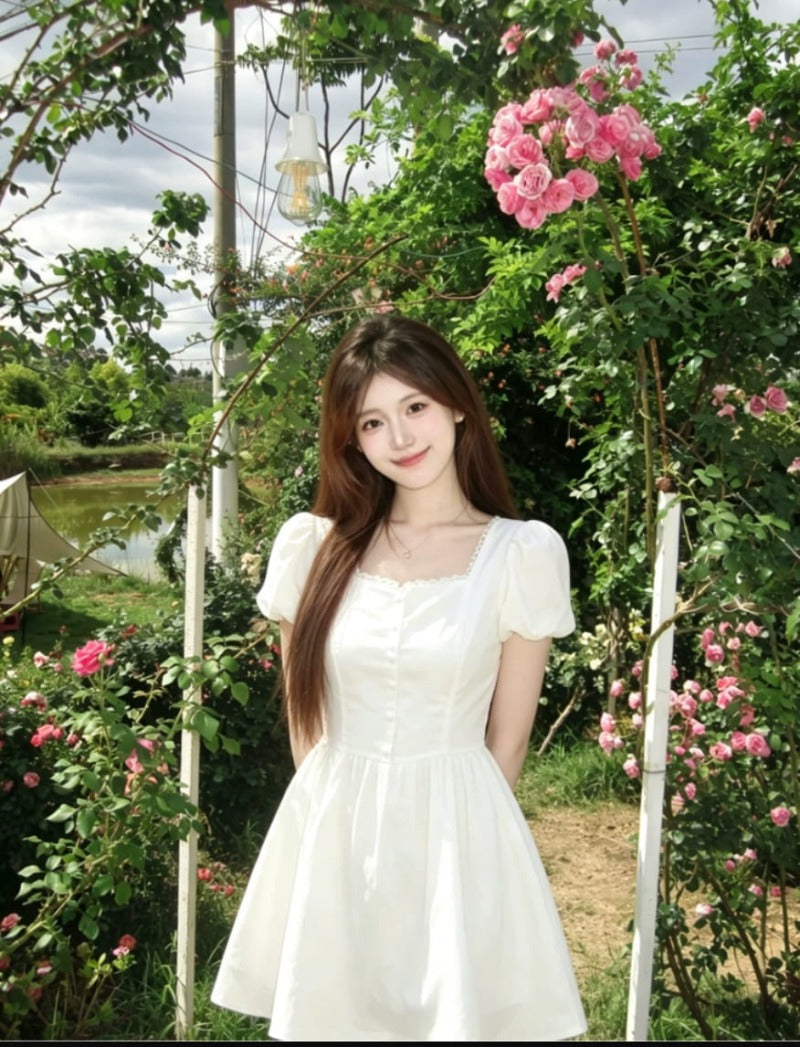 White Square Neck Puff Sleeve A-Line Mini Dress
