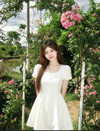 White Square Neck Puff Sleeve A-Line Mini Dress