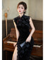 Vintage Black Velvet Mandarin Collar Side Slit Maxi Dress