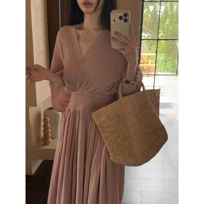 Cotton V-Neck Batwing Sleeve Maxi Dress