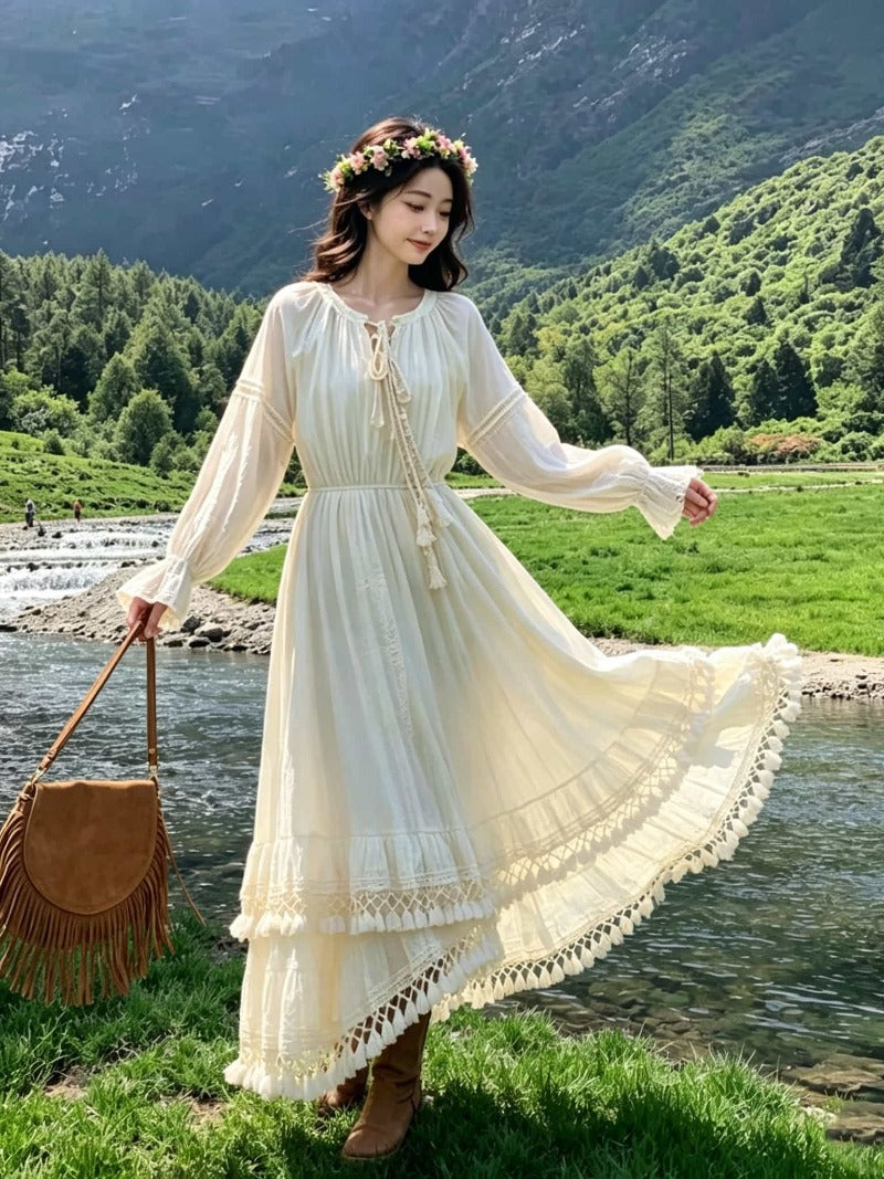 Ivory V Neck Tassel Trim Long Sleeve A-Line Midi Dress