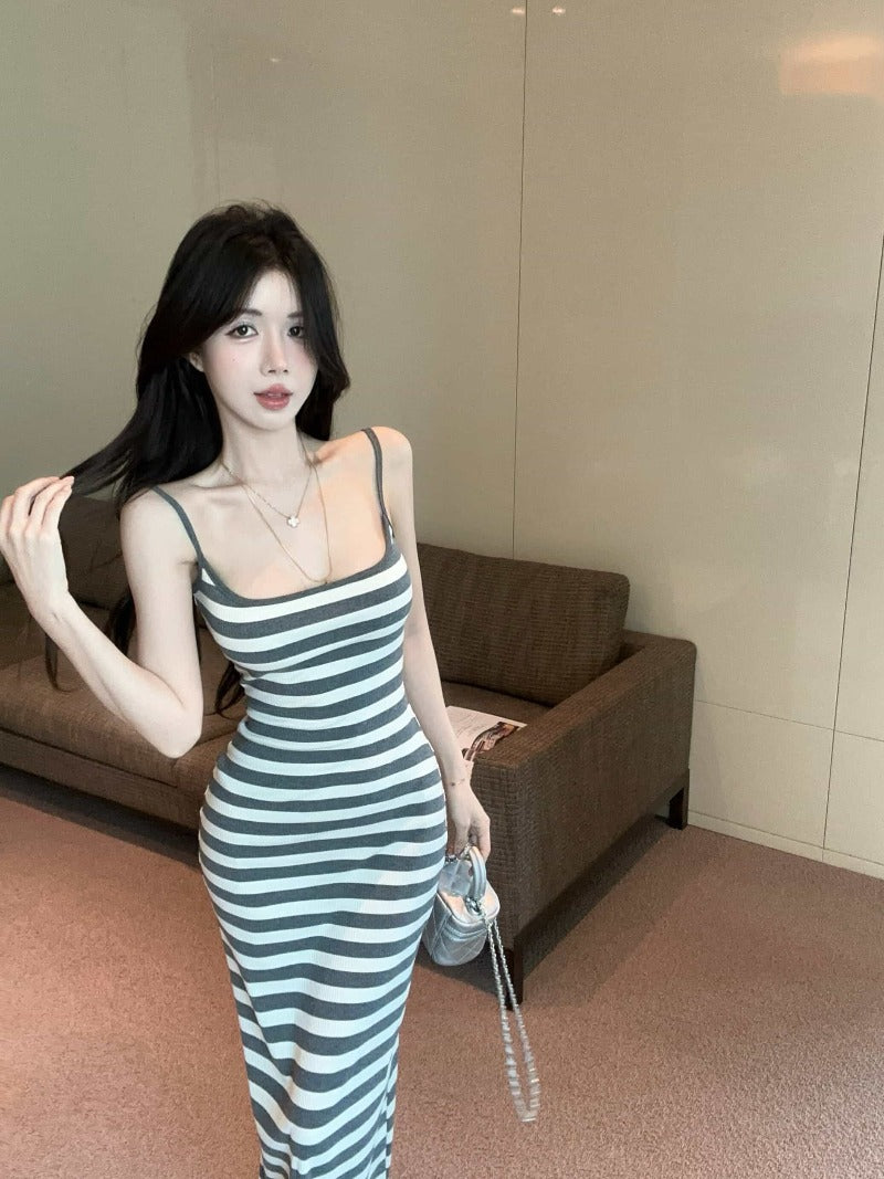 Sultry Striped Cutout Open Back Bodycon Maxi Dress