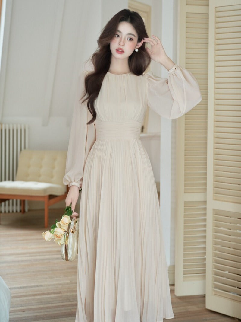 Elegant Pleated Lantern Sleeve Fit-and-Flare Maxi Dress