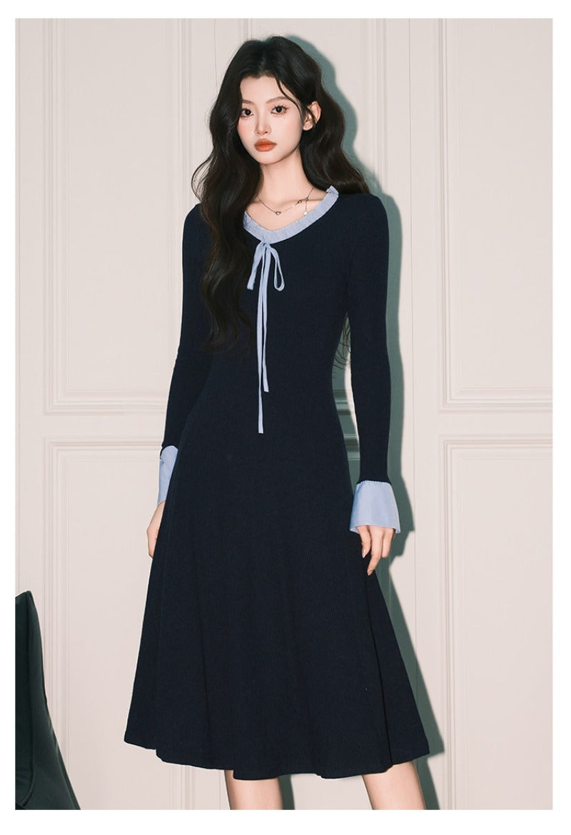 Navy Ribbon V Neck Bell Sleeve A-Line Dress