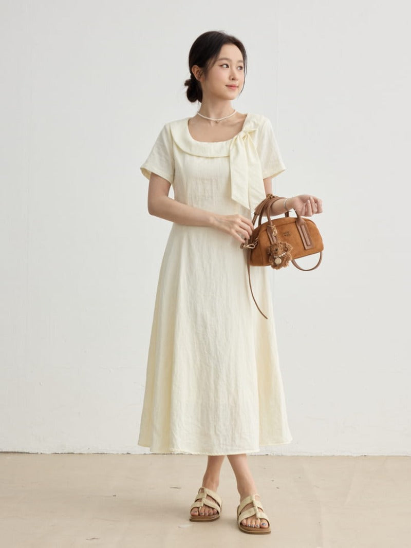 Ivory Soft Romance Bow Short Sleeve A-Line Midi Dress