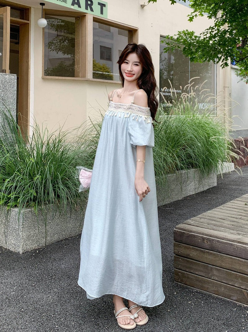 Light Blue Tassel Trim Off-Shoulder Maxi Dress