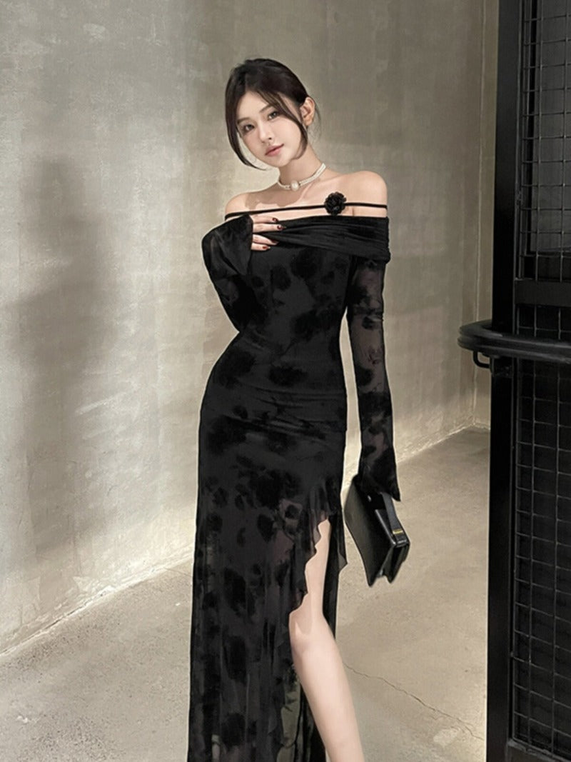 Black Floral Off Shoulder Long Sleeve Slit Maxi Dress