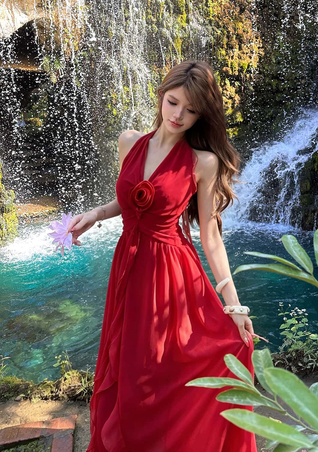 Red Halter Flower Draped A-Line Maxi Dress