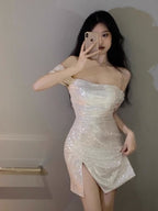 White Sequin Off Shoulder Ruched Bodycon Midi Dress
