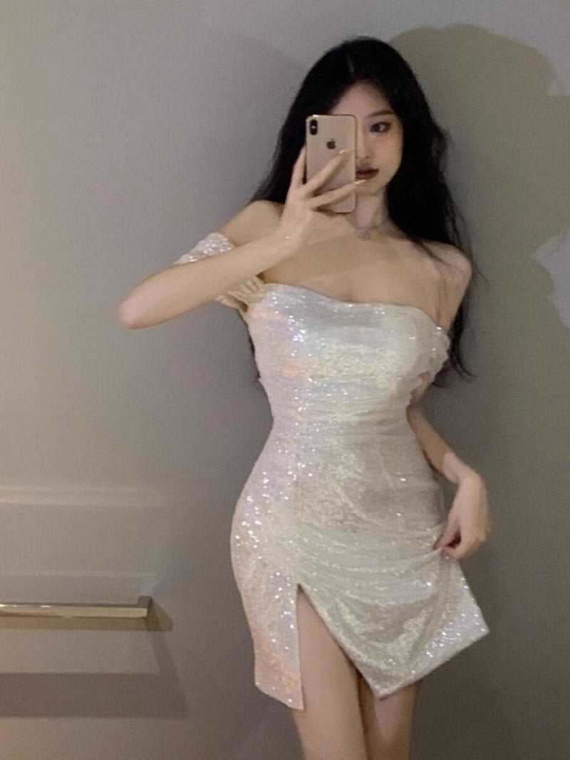 White Sequin Off Shoulder Ruched Bodycon Midi Dress