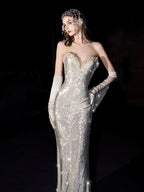 Ivory Sequin Mermaid Maxi Dress With Gloves