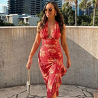 Tropical Heat Red Floral Cutout Halter Maxi Dress