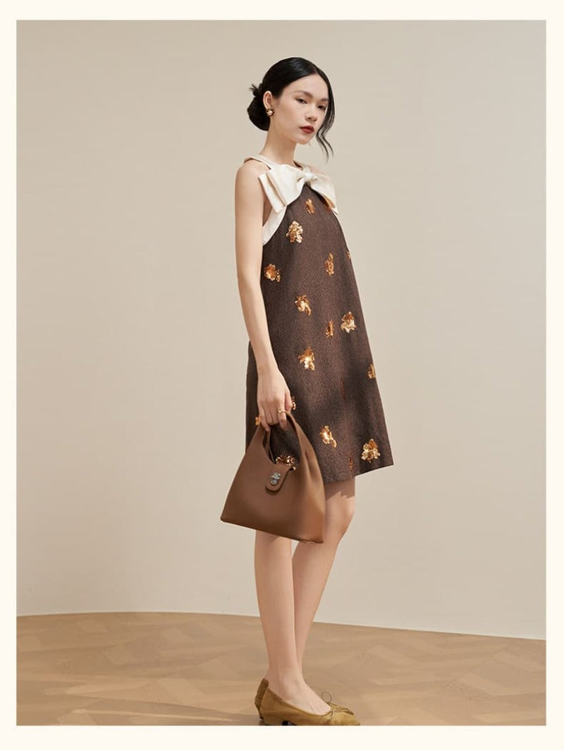 Brown Bow Neck Sequin Embellished Shift Mini Dress