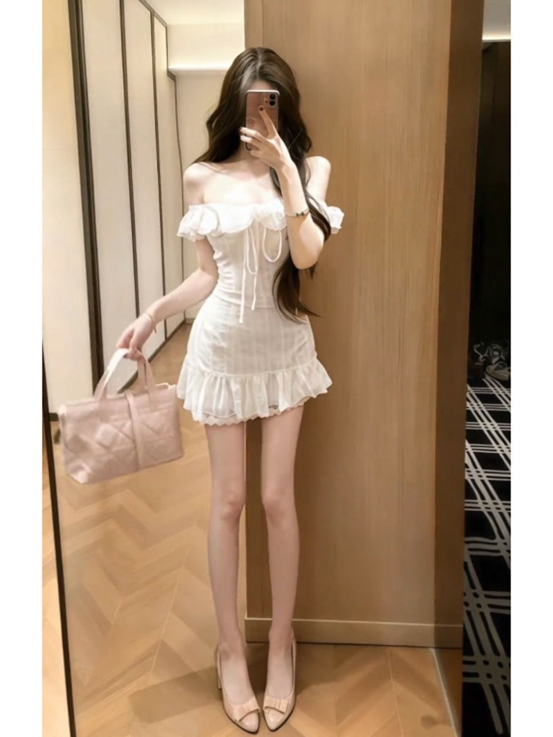 White Off Shoulder Ruffle Trim Ruched Bodycon Mini Dress