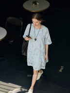 Light Blue Textured Floral Round Neck Short Sleeve Shift Mini Dress