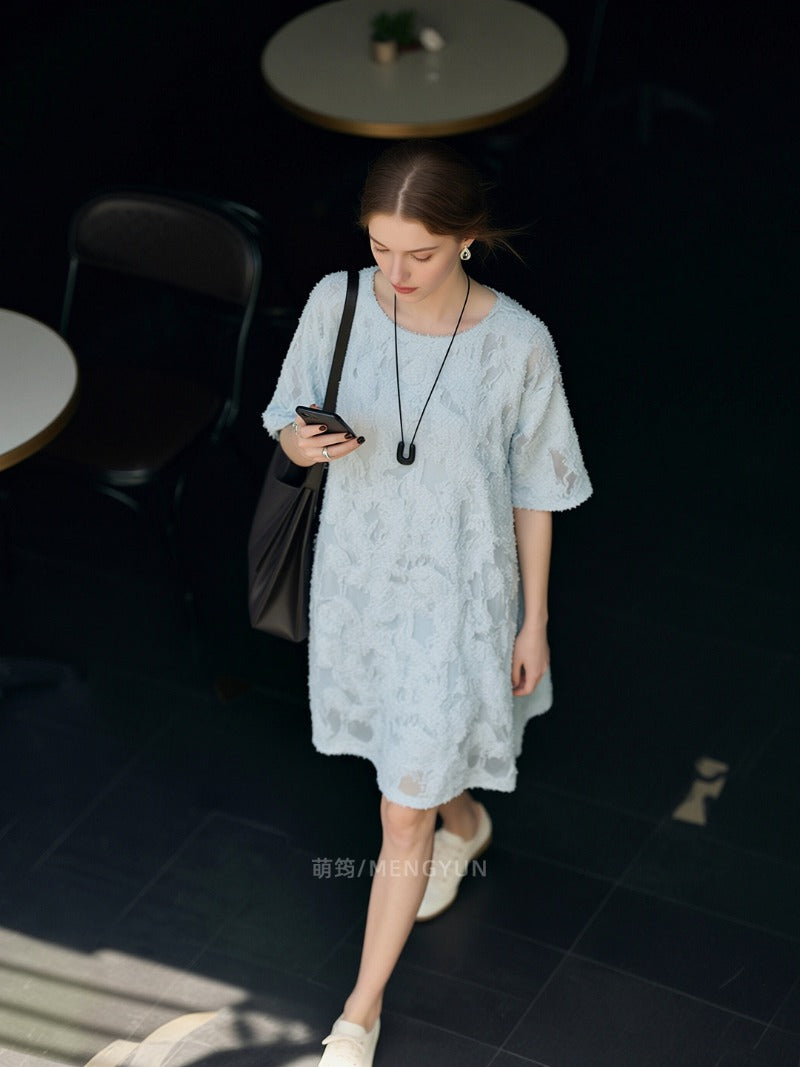 Light Blue Textured Floral Round Neck Short Sleeve Shift Mini Dress