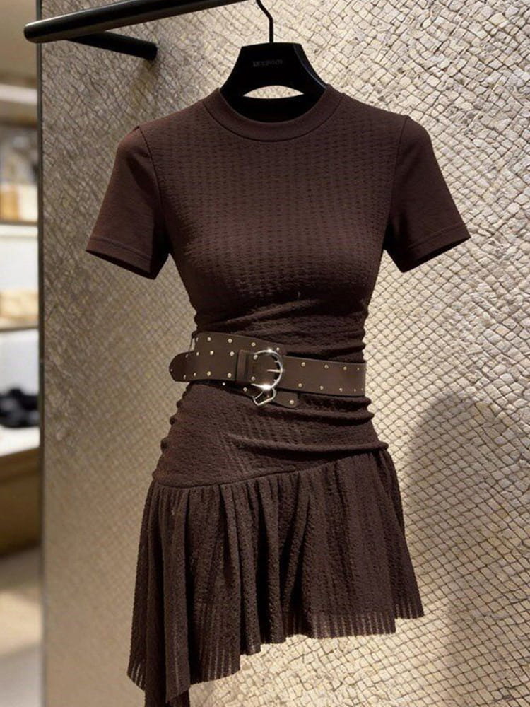 Coffee Brown Round Neck Short Sleeve Asymmetric A-Line Mini Dress