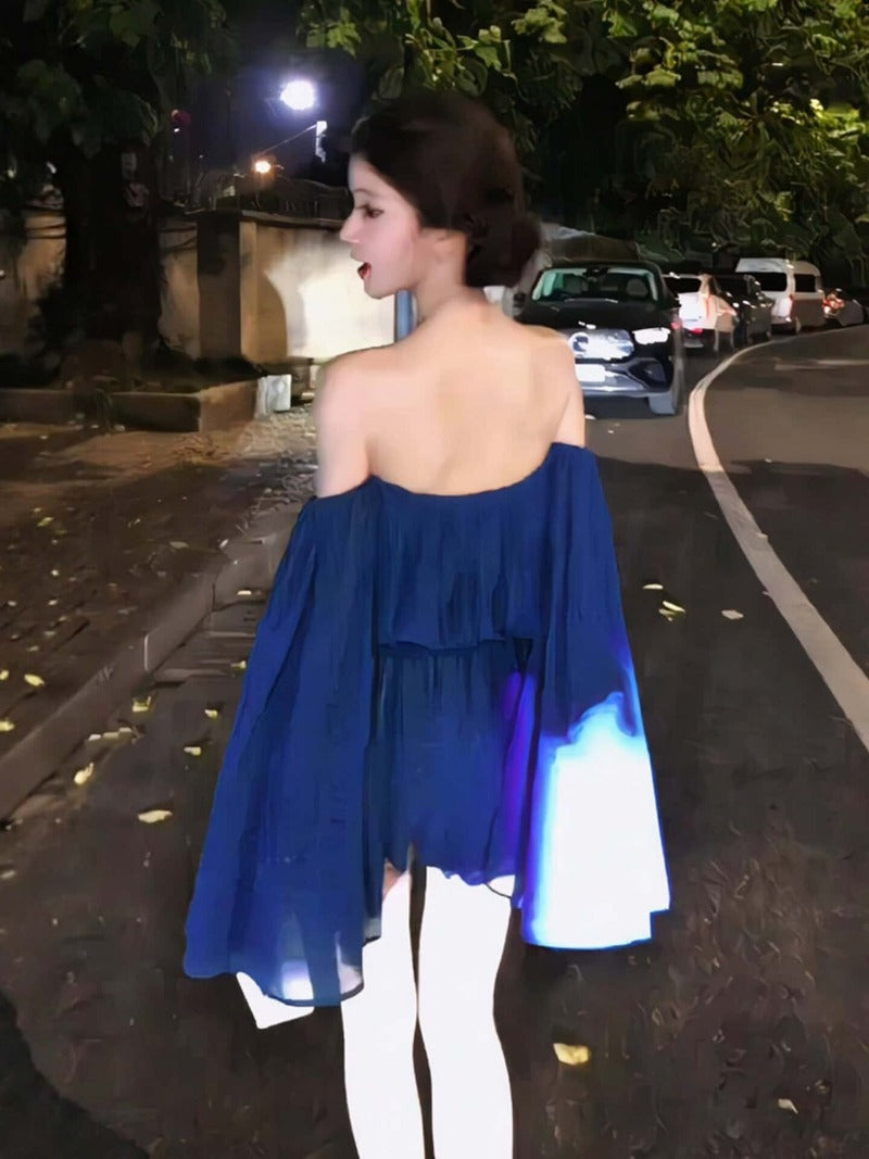 Blue Off Shoulder Cape Sleeve Tie Waist Mini Dress