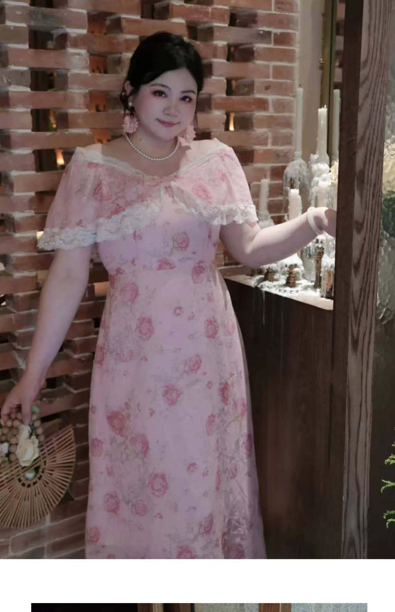 Plus Size Floral Ruffle Trim Off Shoulder Midi Dress