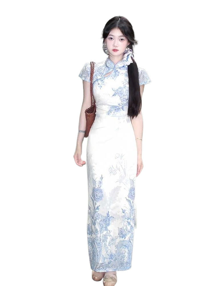 Blue Floral Mandarin Collar Short Sleeve Sheath Maxi Dress