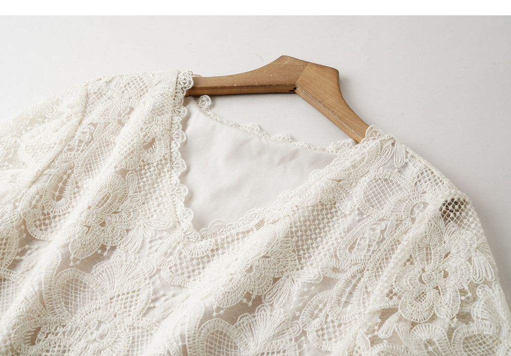 Ivory V Neck Lace Short Sleeve Shift Midi Dress